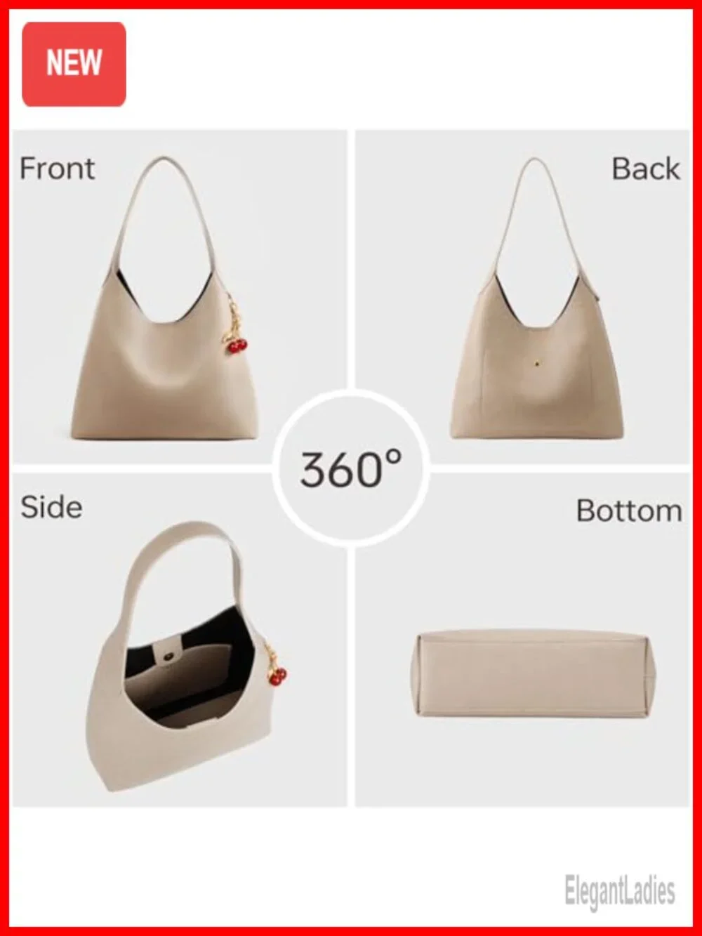 Vegan Leather Slouchy Hobo Bag with Detachable Cherry Charm, Shoulder Bag